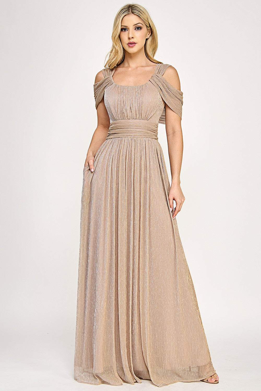 Ruched Off-Shoulder Foil Formal Dress by Lenovia 5327