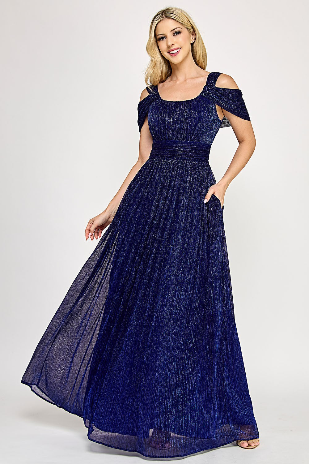 Ruched Off-Shoulder Foil Formal Dress by Lenovia 5327