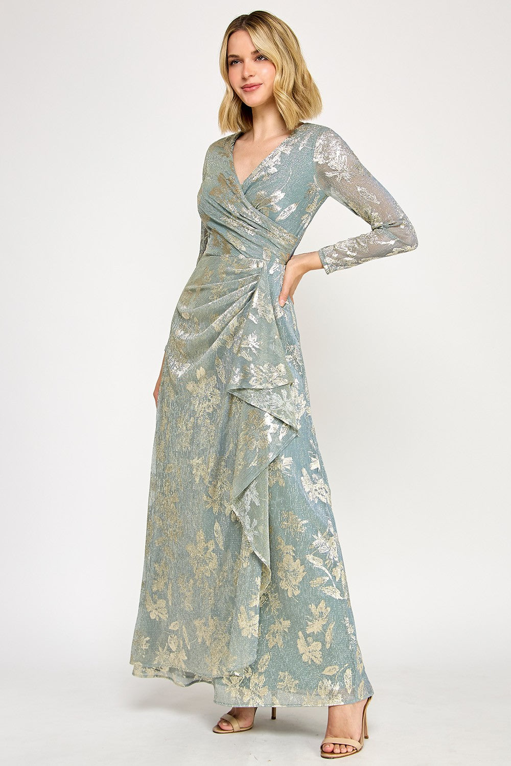 Floral Foil Long Sleeve Wrap Dress by Lenovia 5333