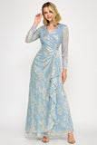 Lenovia 5333 floral foil long sleeve wrap mother of the bride gown with flared skirt · www.snkdress.com