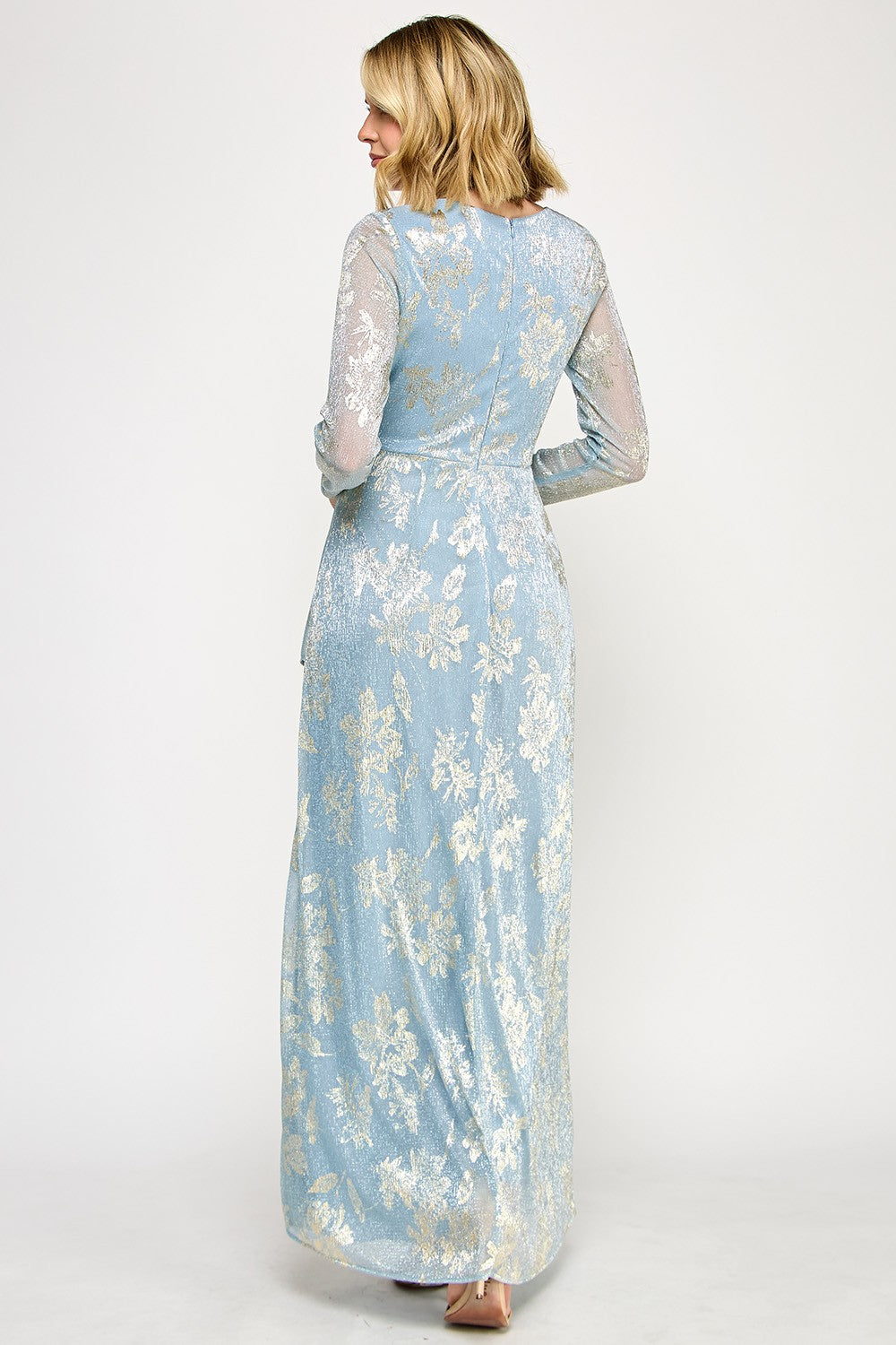 Floral Foil Long Sleeve Wrap Dress by Lenovia 5333