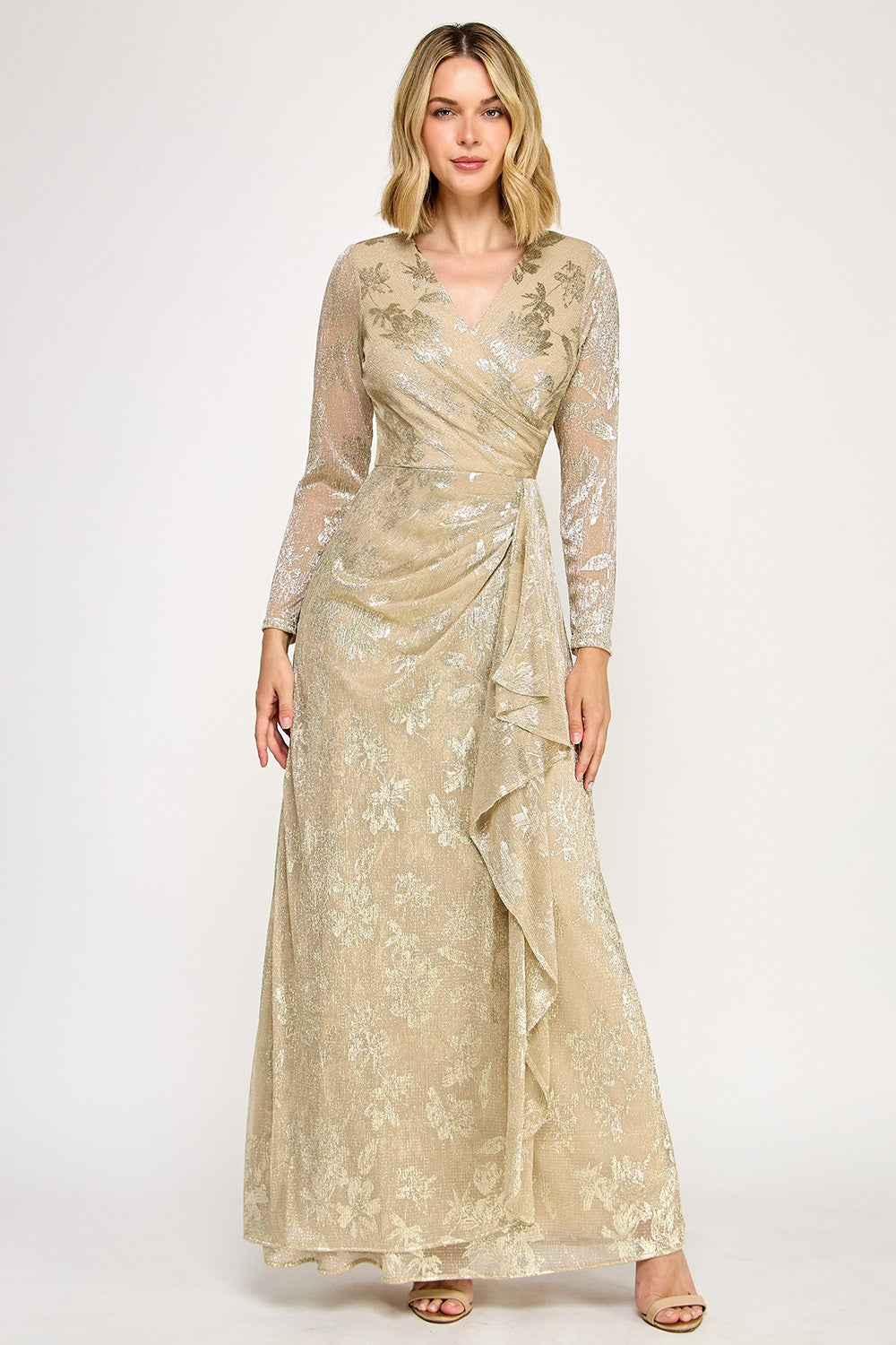 Floral Foil Long Sleeve Wrap Dress by Lenovia 5333