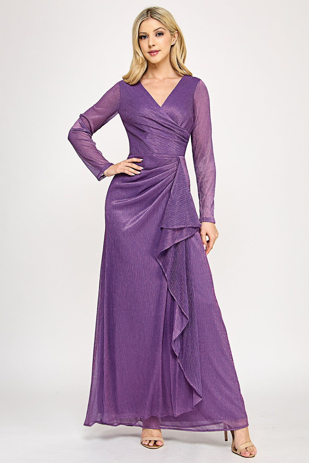 Long Sleeve Wrap Ruffle Formal Dress by Lenovia 5324