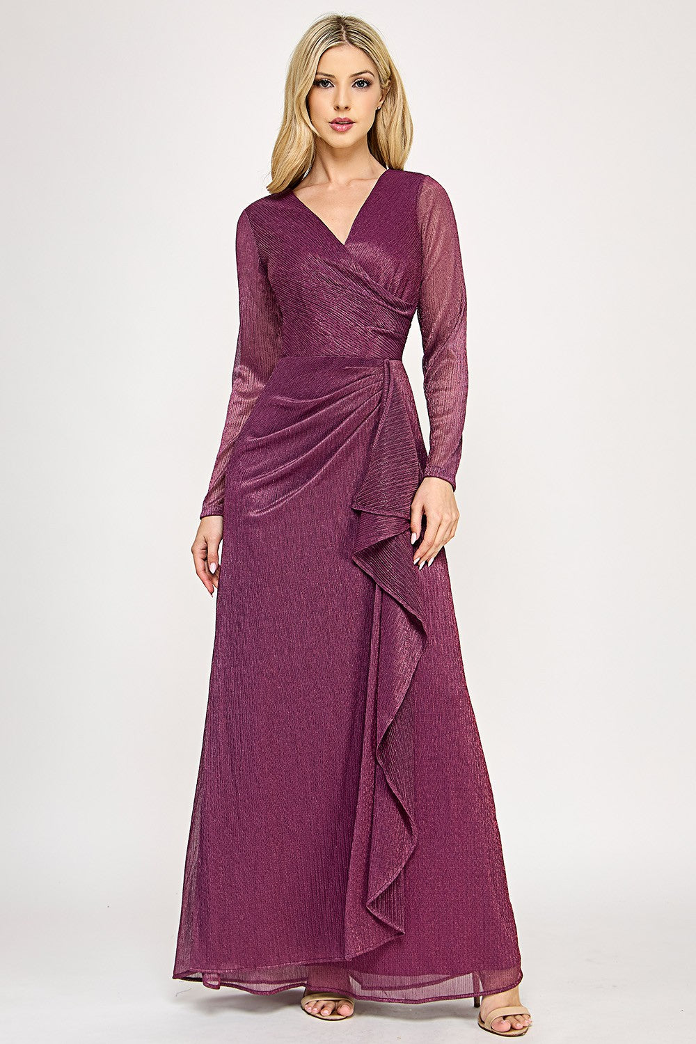 Long Sleeve Wrap Ruffle Formal Dress by Lenovia 5324