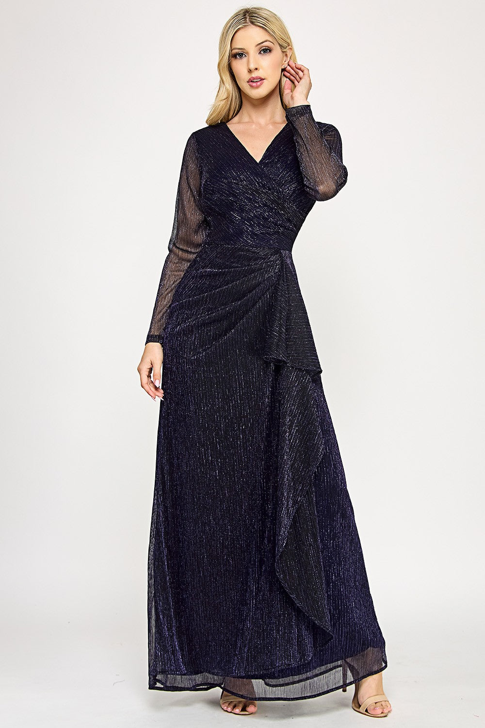Long Sleeve Wrap Ruffle Formal Dress by Lenovia 5324