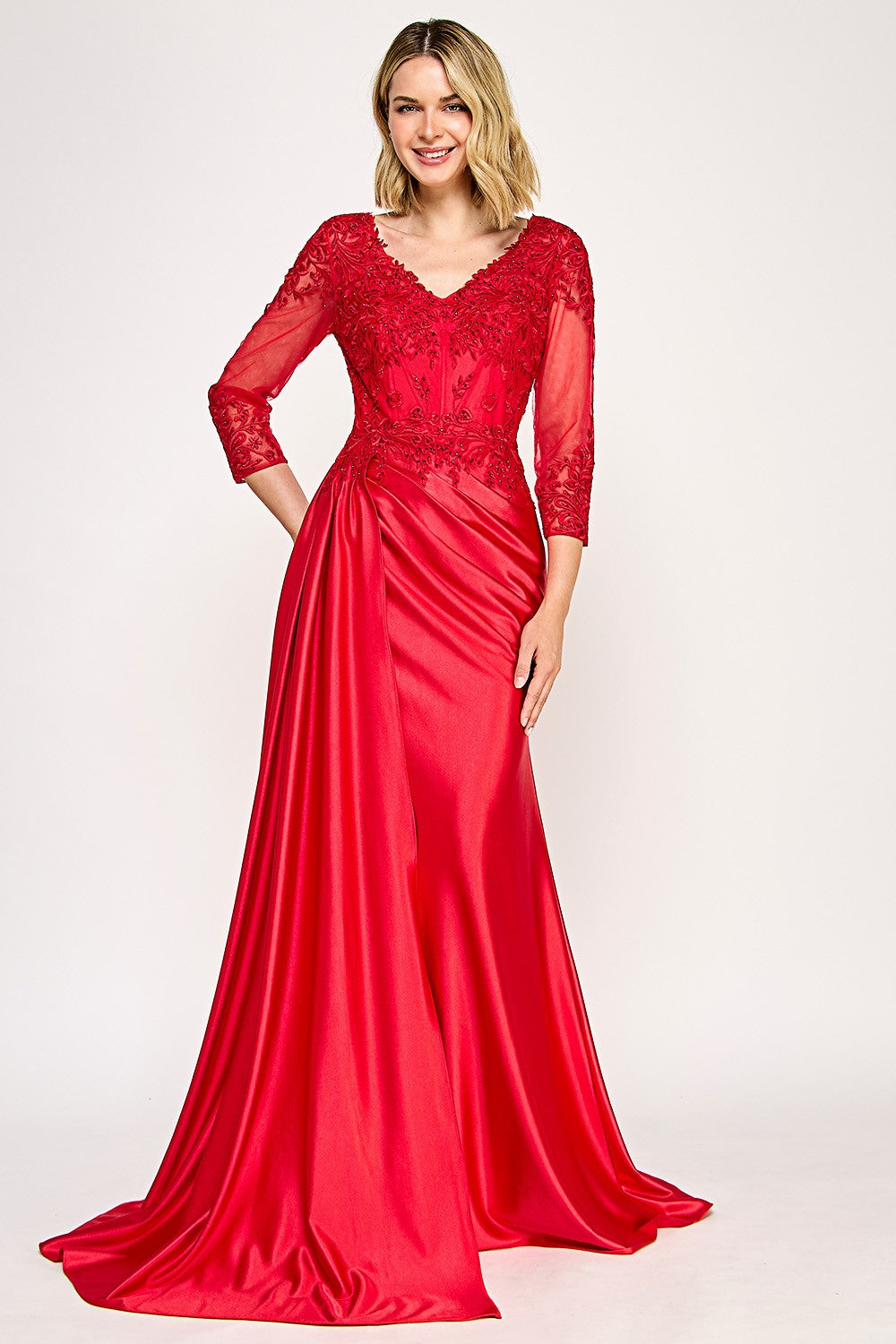 V-Neck 3/4 Sleeve Embroidered Long Dress by Lenovia 8366