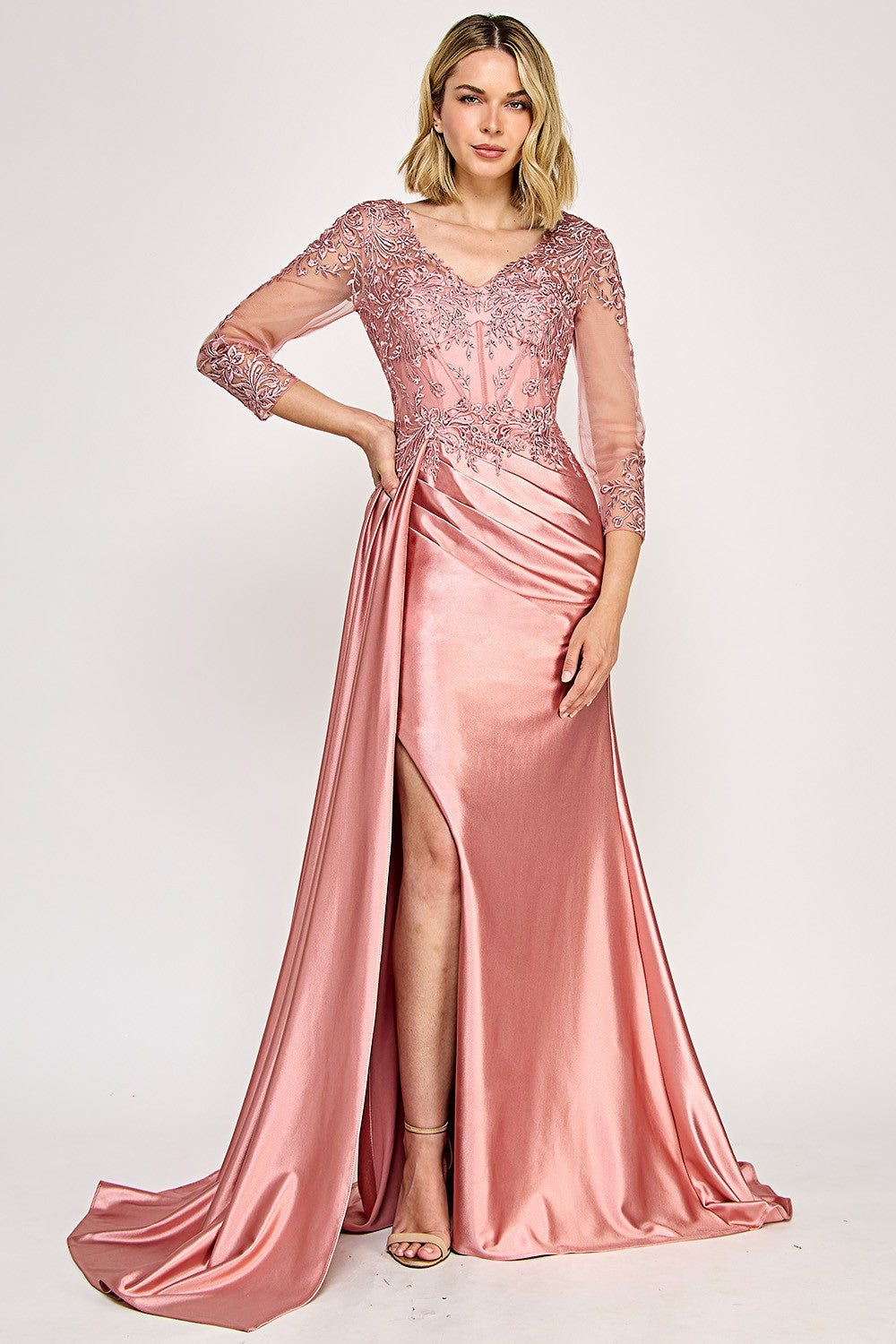 V-Neck 3/4 Sleeve Embroidered Long Dress by Lenovia 8366
