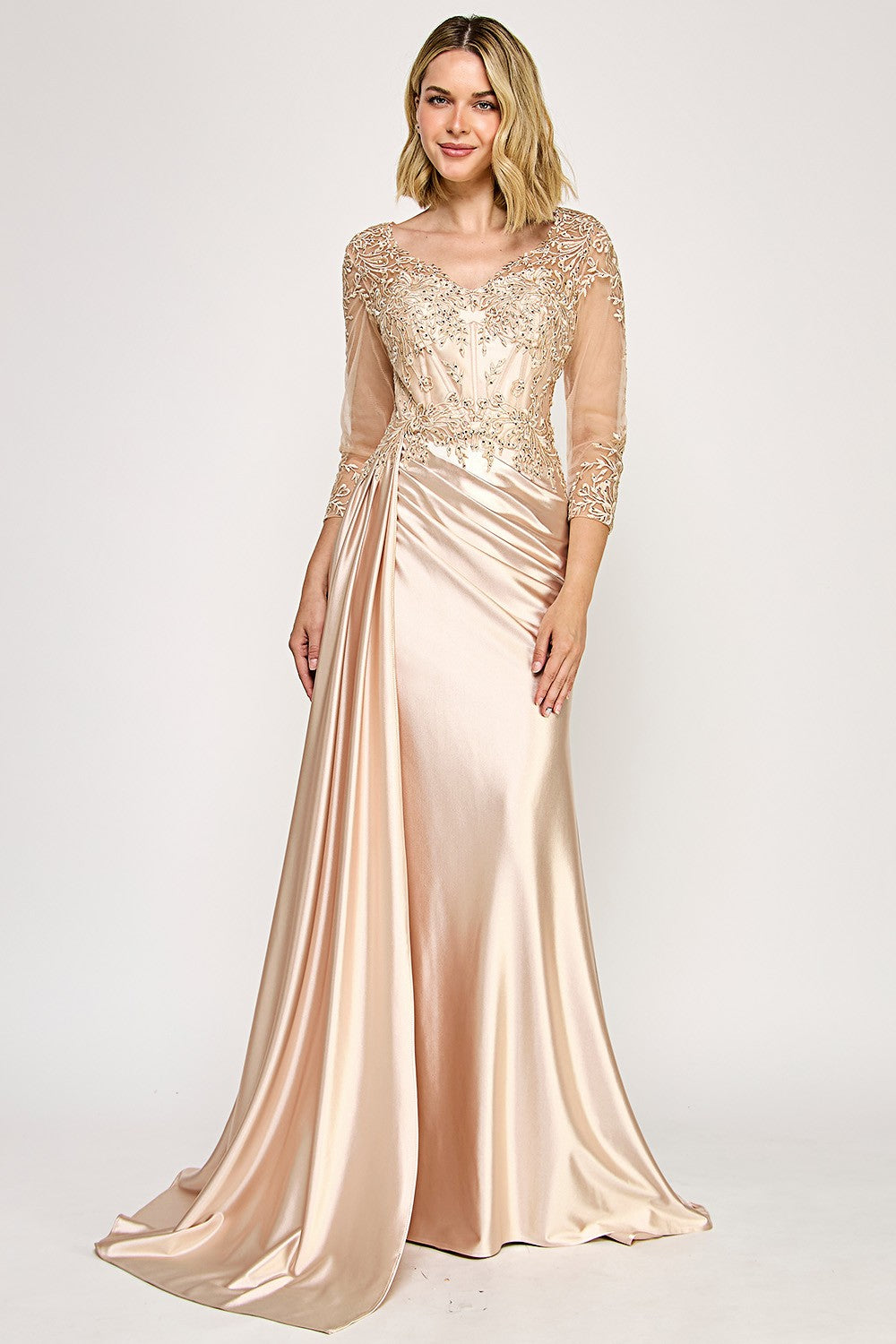V-Neck 3/4 Sleeve Embroidered Long Dress by Lenovia 8366