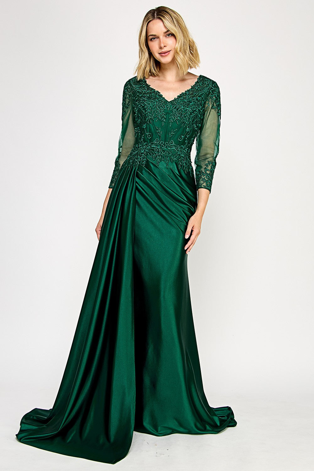 V-Neck 3/4 Sleeve Embroidered Long Dress by Lenovia 8366