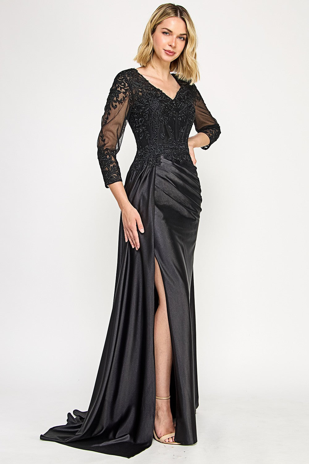 V-Neck 3/4 Sleeve Embroidered Long Dress by Lenovia 8366