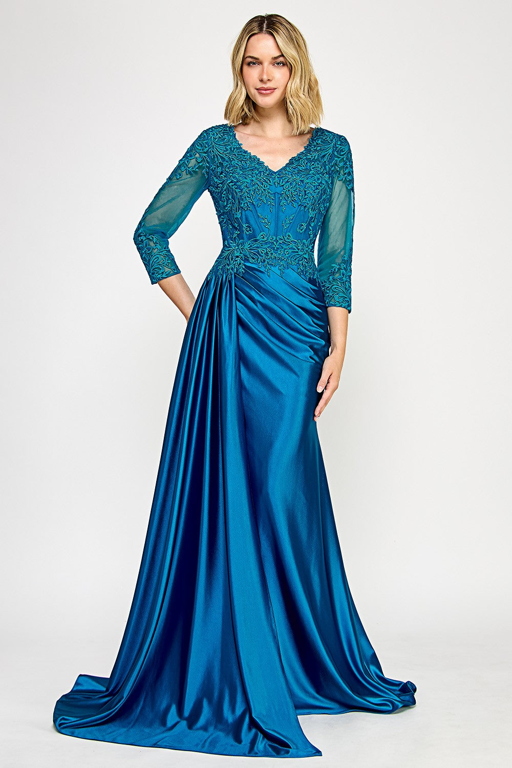 V-Neck 3/4 Sleeve Embroidered Long Dress by Lenovia 8366