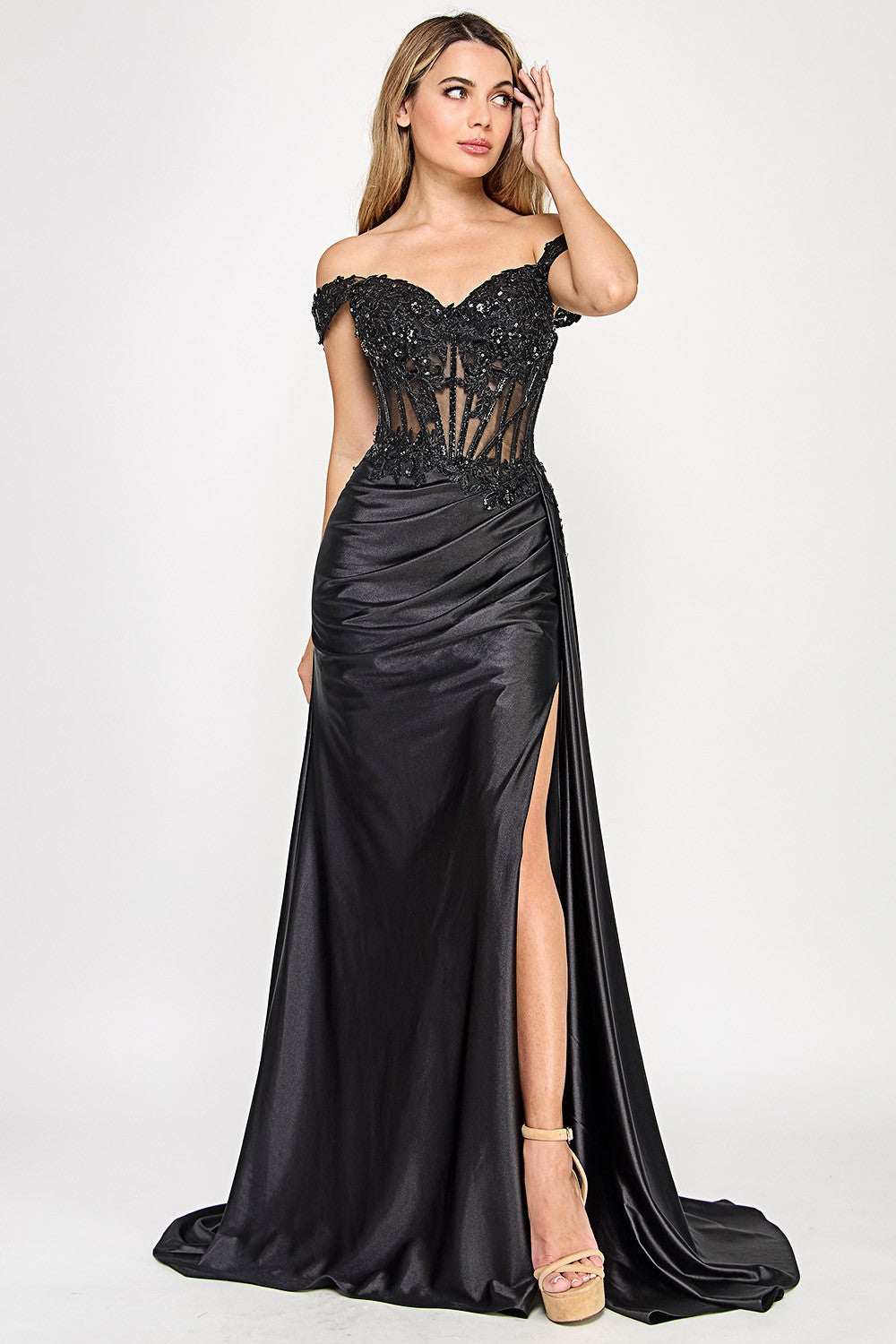 Embellished Off-Shoulder Sheer Long Dress by Lenovia 8360
