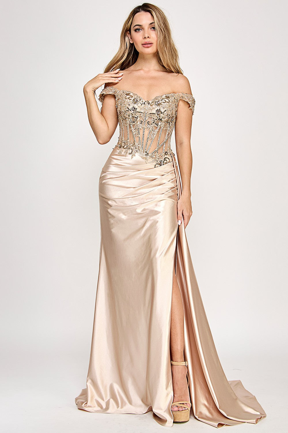 Embellished Off-Shoulder Sheer Long Dress by Lenovia 8360