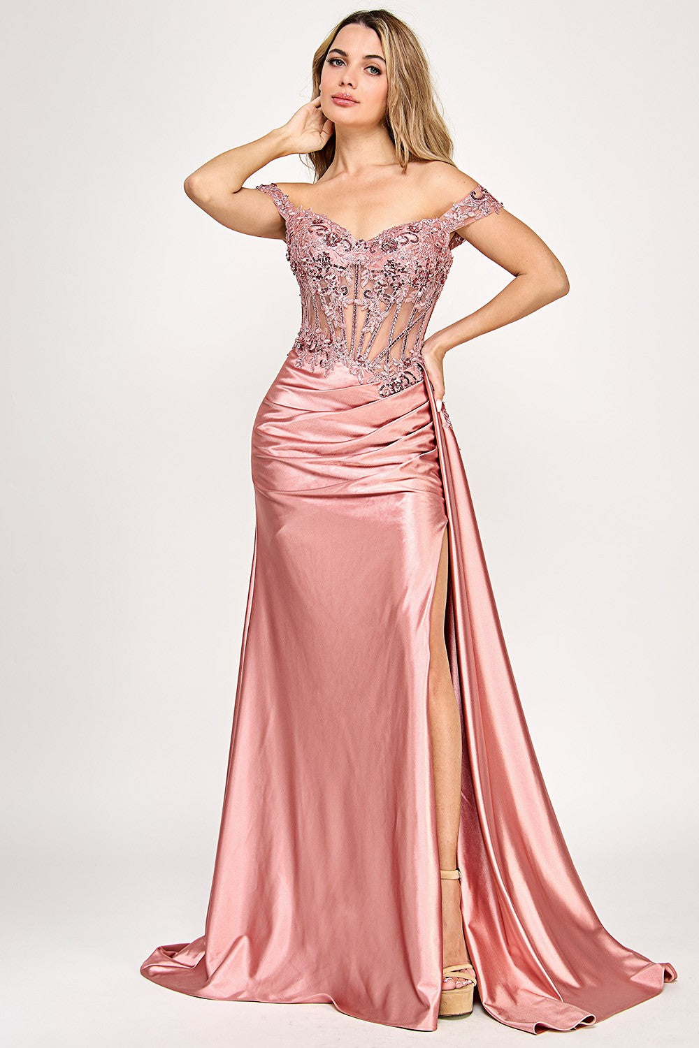 Embellished Off-Shoulder Sheer Long Dress by Lenovia 8360