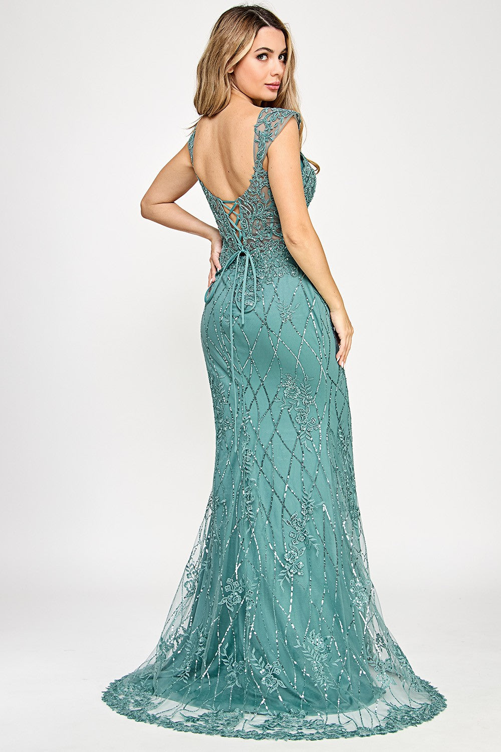 Embroidered Mermaid Sheer Long Dress by Lenovia 8350