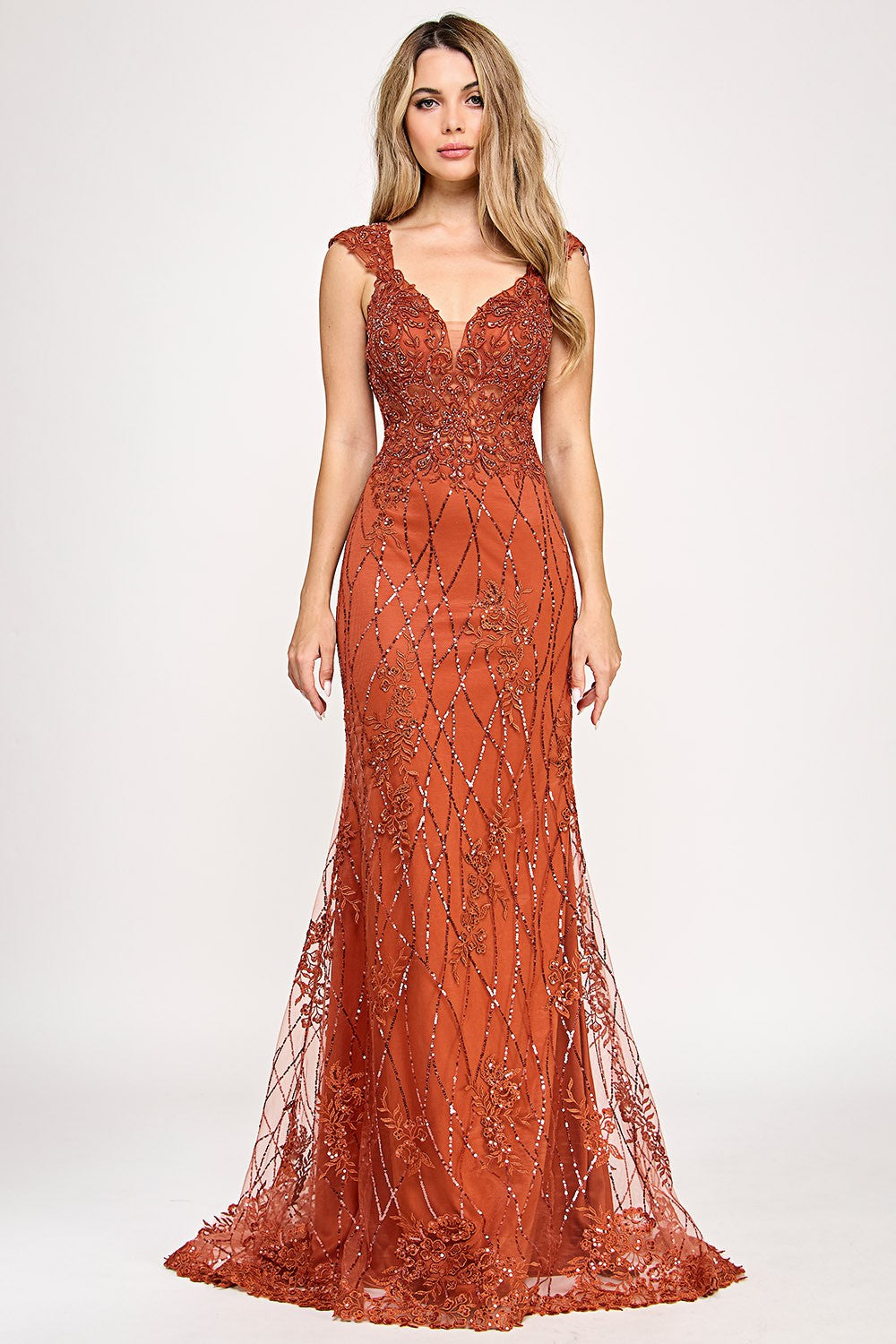Embroidered Mermaid Sheer Long Dress by Lenovia 8350