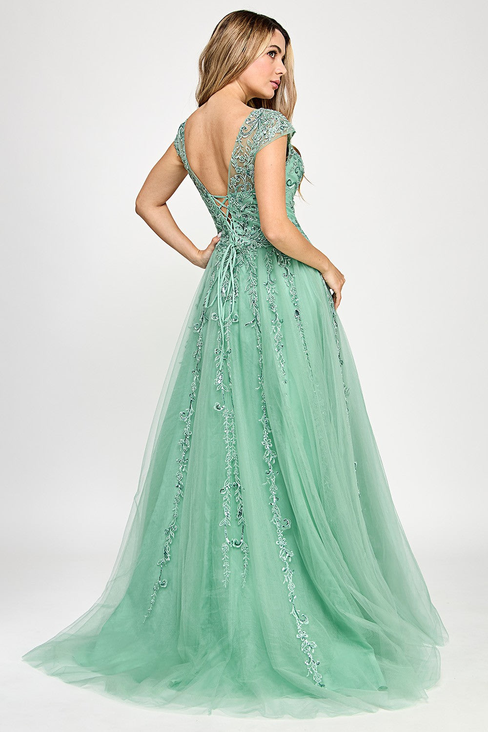 Cap Sleeve Layered Mesh Long Dress by SNK DRESS 834917