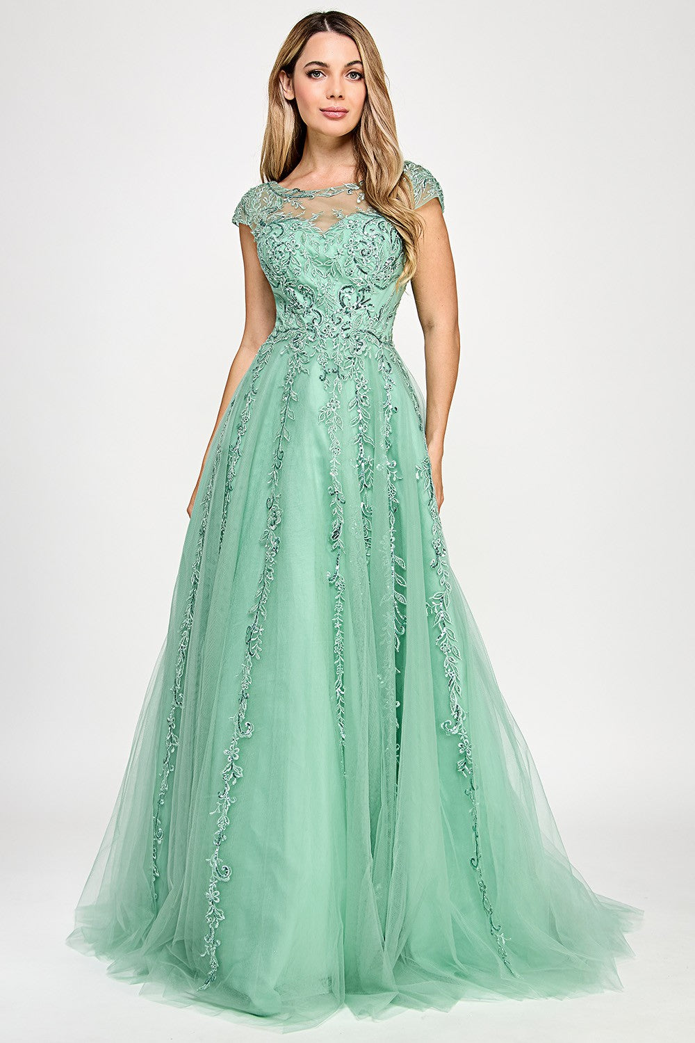 Cap Sleeve Layered Mesh Long Dress by SNK DRESS 834917