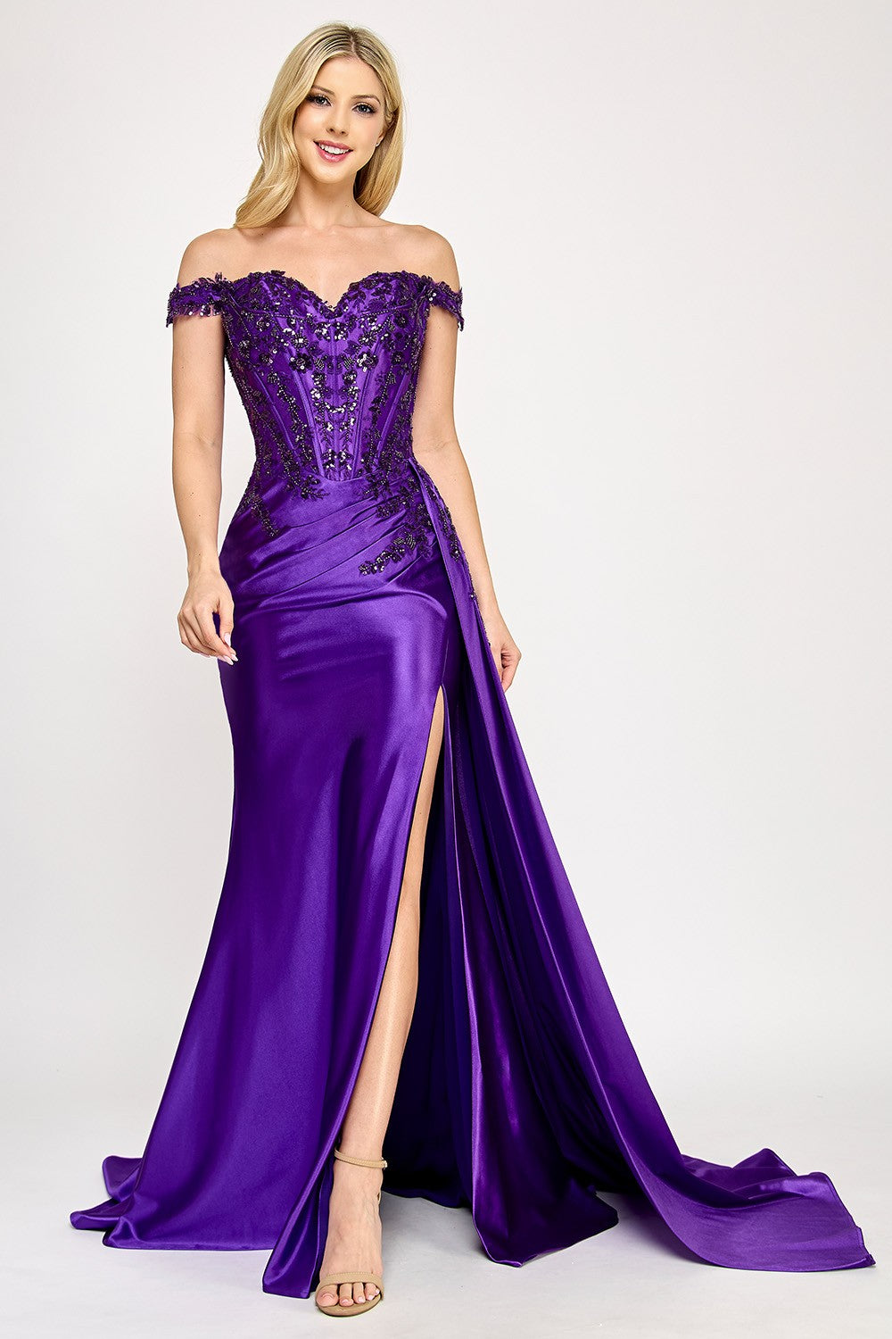Embroidered Off-Shoulder Corset Long Dress by Lenovia USA 8397