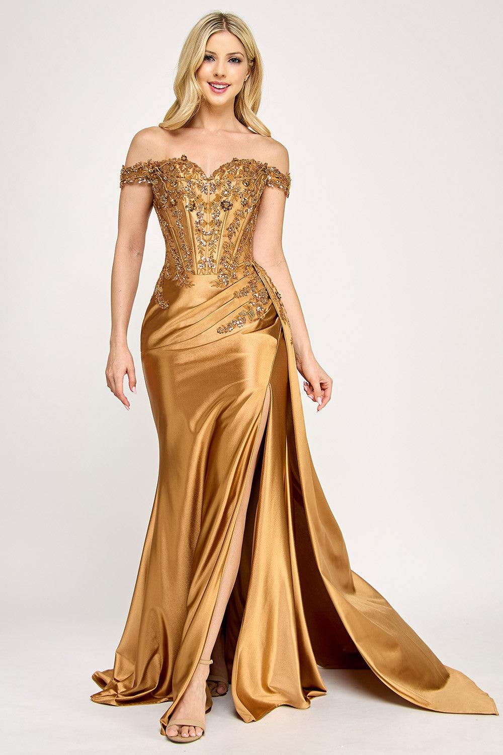 Embroidered Off-Shoulder Corset Long Dress by Lenovia USA 8397