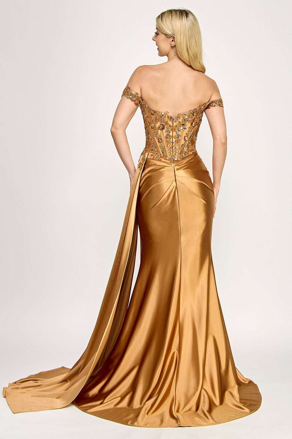 Embroidered Off-Shoulder Corset Long Dress by Lenovia USA 8397