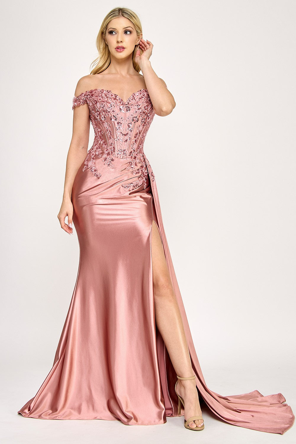 Embroidered Off-Shoulder Corset Long Dress by Lenovia USA 8397