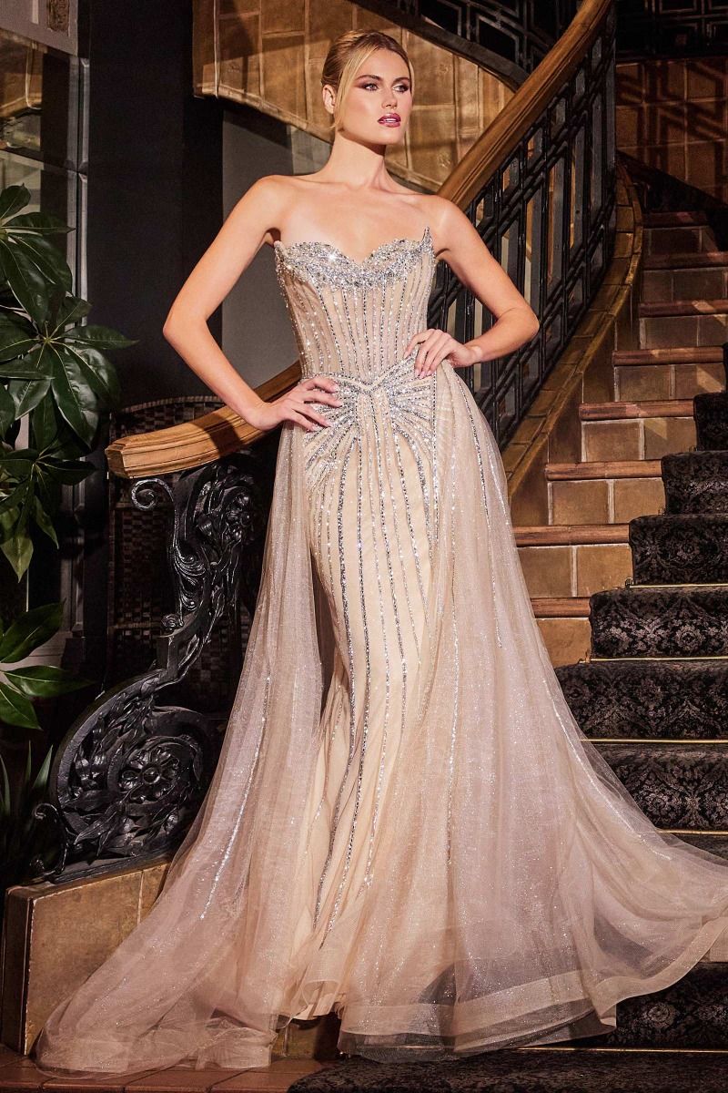 Strapless Crystal Embellished Gown with Overskirt by Ladivine CB158