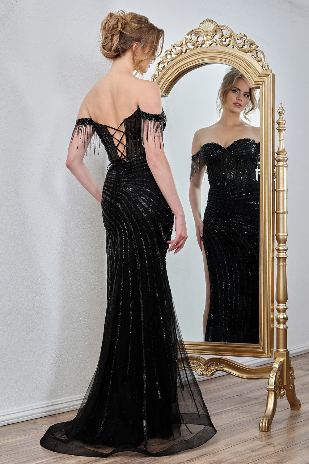 Beaded Off-Shoulder Corset Gown by AdoraUS 3296