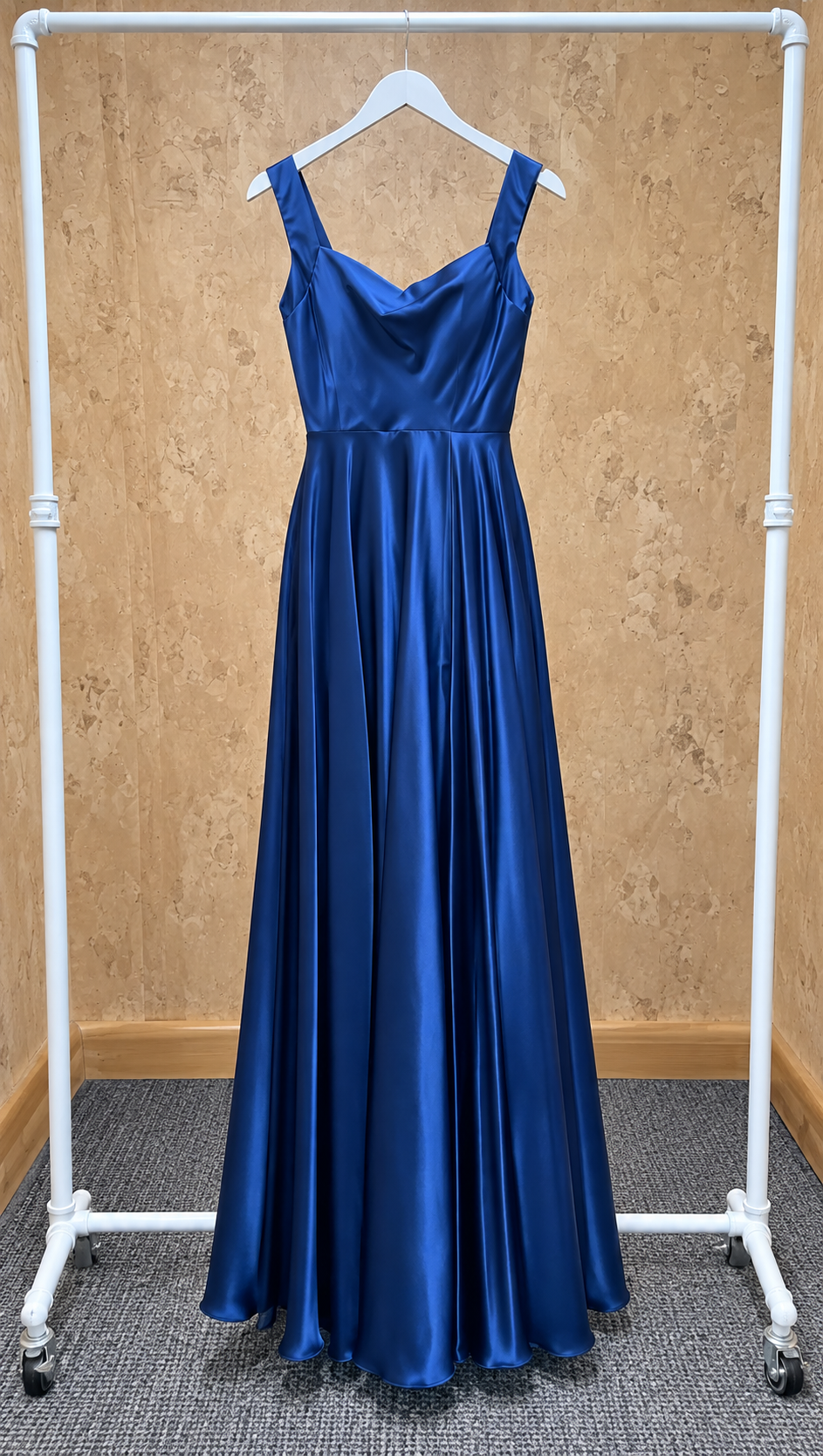 SNKDRESS style 1826 royal blue satin A-line evening dress with a cowl neckline and wide shoulder straps