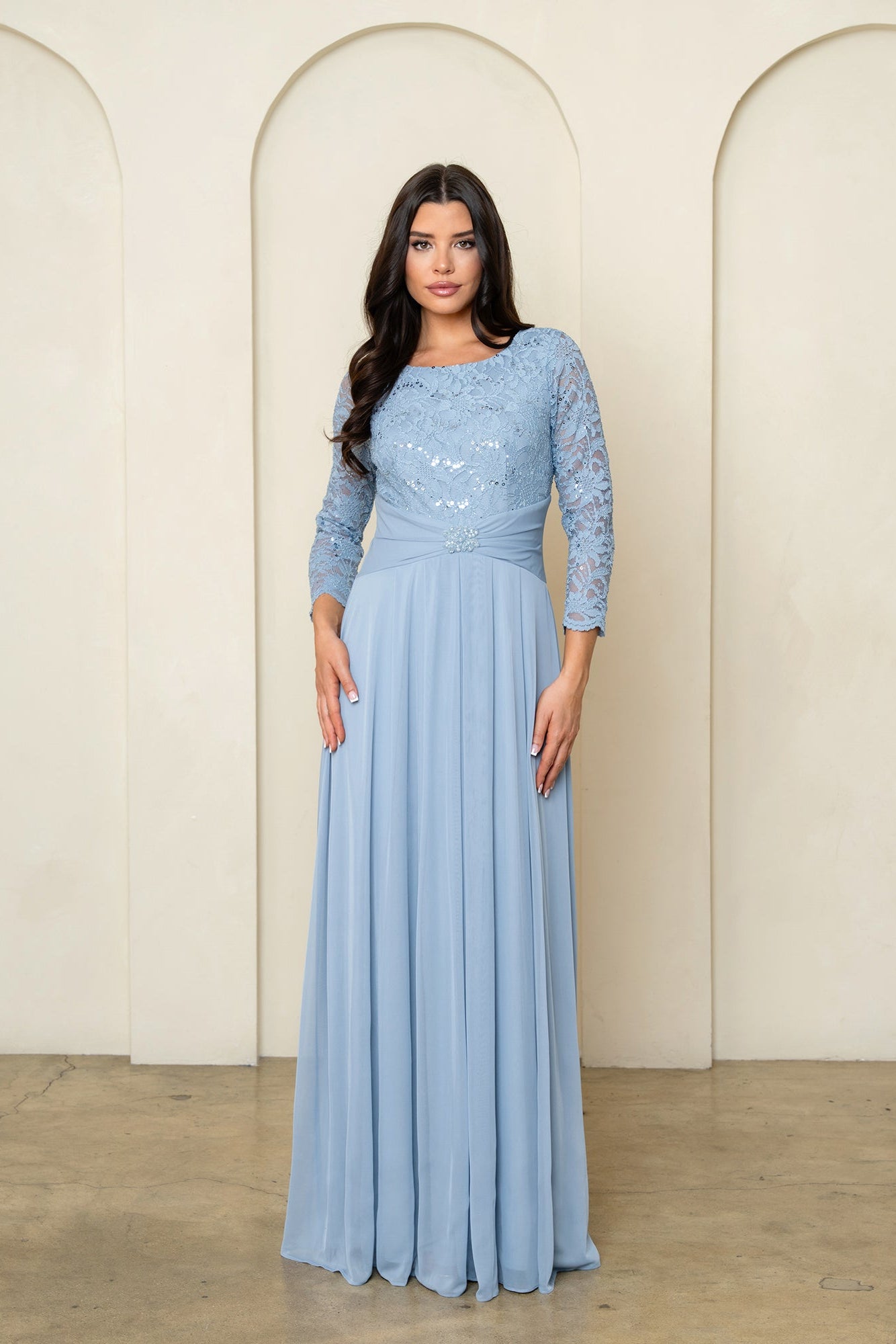 Lace and stretch chiffon gown with brooch detail by Eva Collection style 5533 in Eucalyptus, Burgundy, Dusty Rose, Dusty Blue, Navy | www.snkdress.com