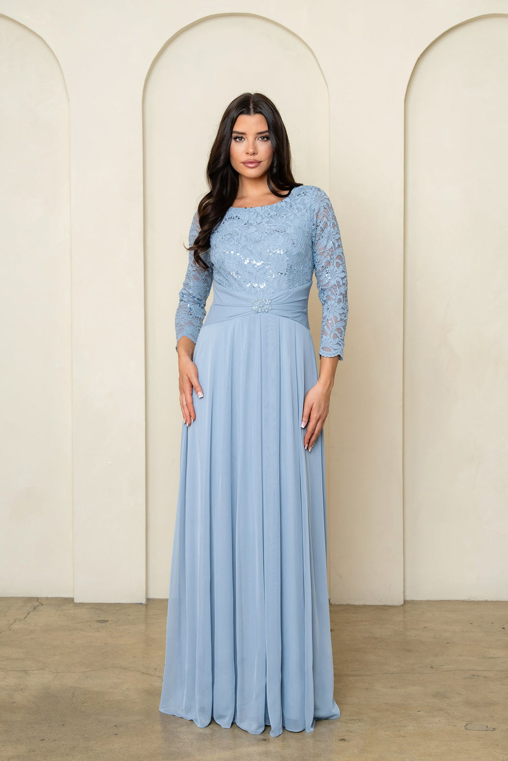 Lace and stretch chiffon gown with brooch detail by Eva Collection style 5533 in Eucalyptus, Burgundy, Dusty Rose, Dusty Blue, Navy | www.snkdress.com