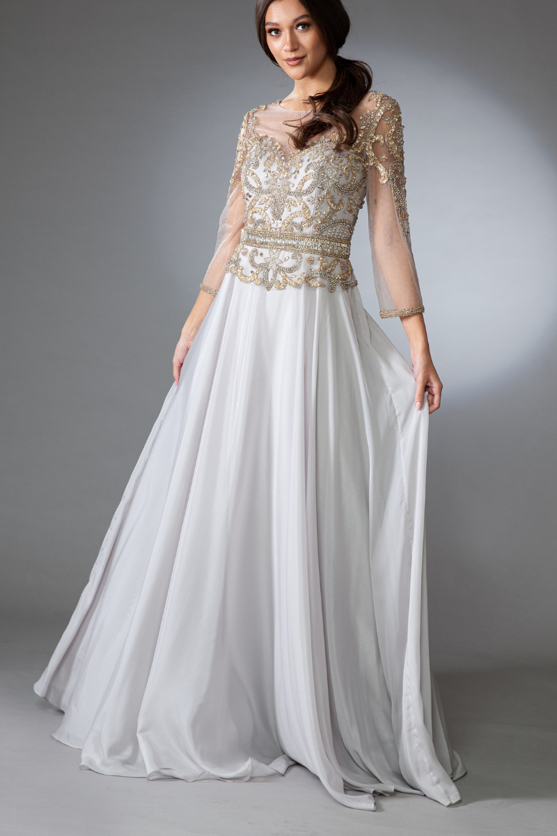 Beaded 3/4 sleeve velvet chiffon gown  by Amelia Couture 7041