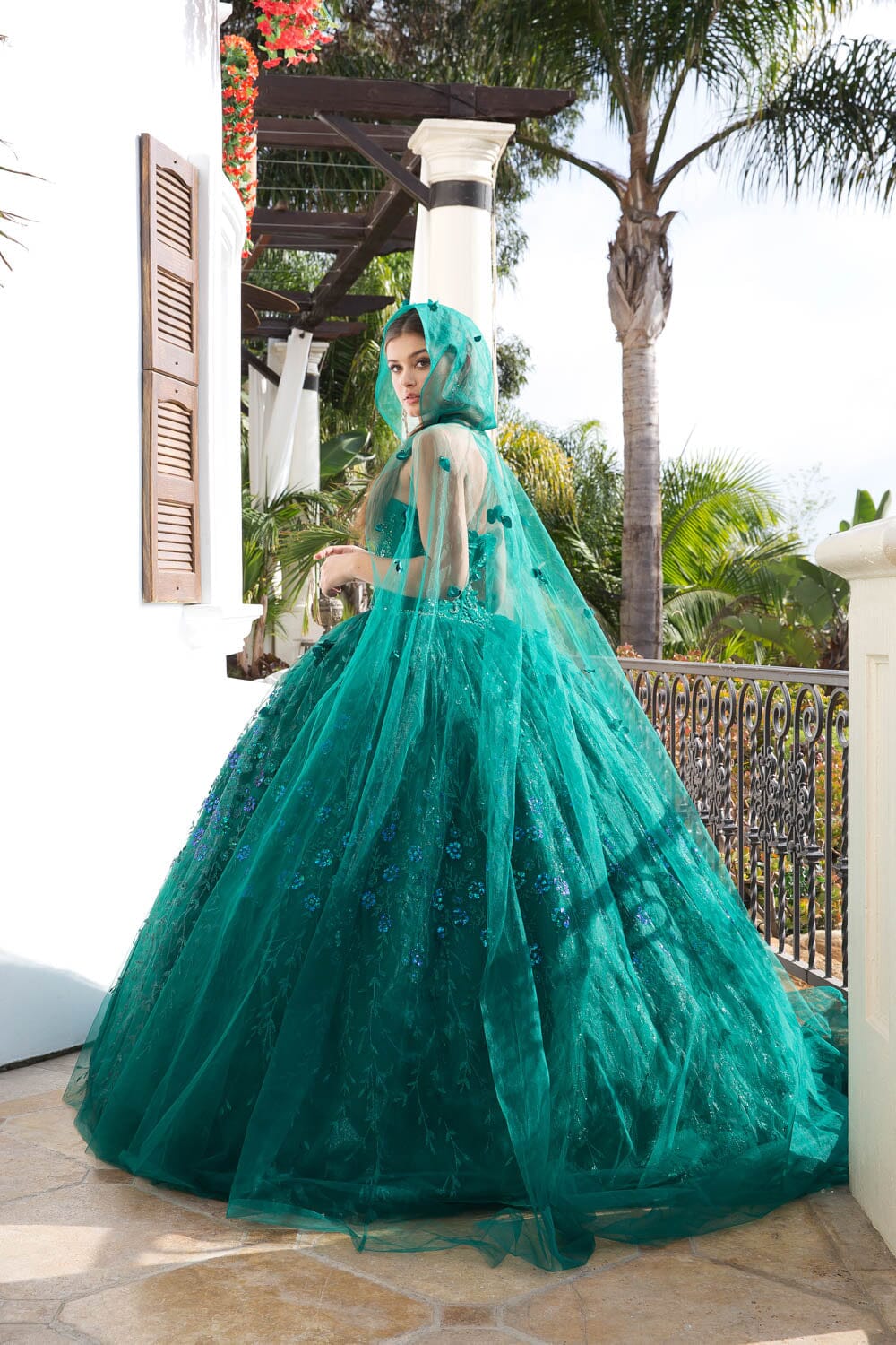 3D Floral emerald with cape Ball Gowns PQ1004