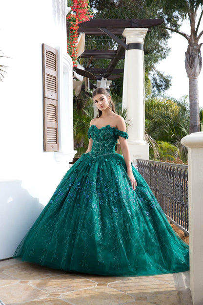 3D Floral emerald with cape Ball Gowns PQ1004