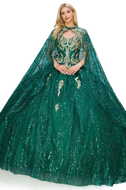 Glittered lacy Cape ball gown by Cinderella Couture  4201