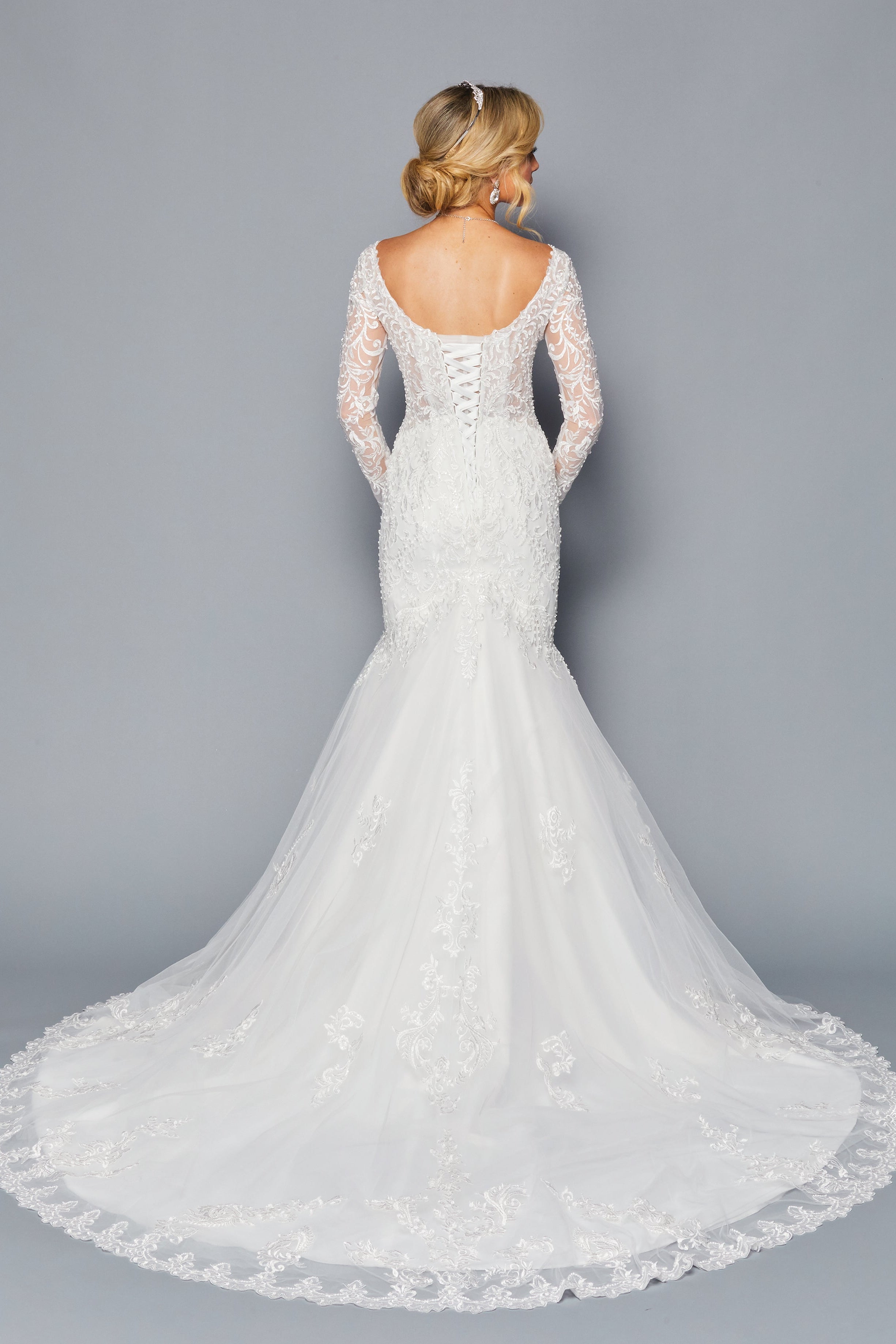 Long-Sleeve Illusion Boat Mermaid Gown by Bridal 45050