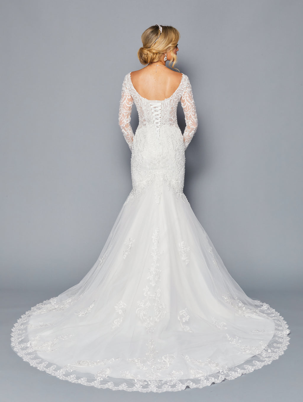 Long-Sleeve Illusion Boat Mermaid Gown by Bridal 45050