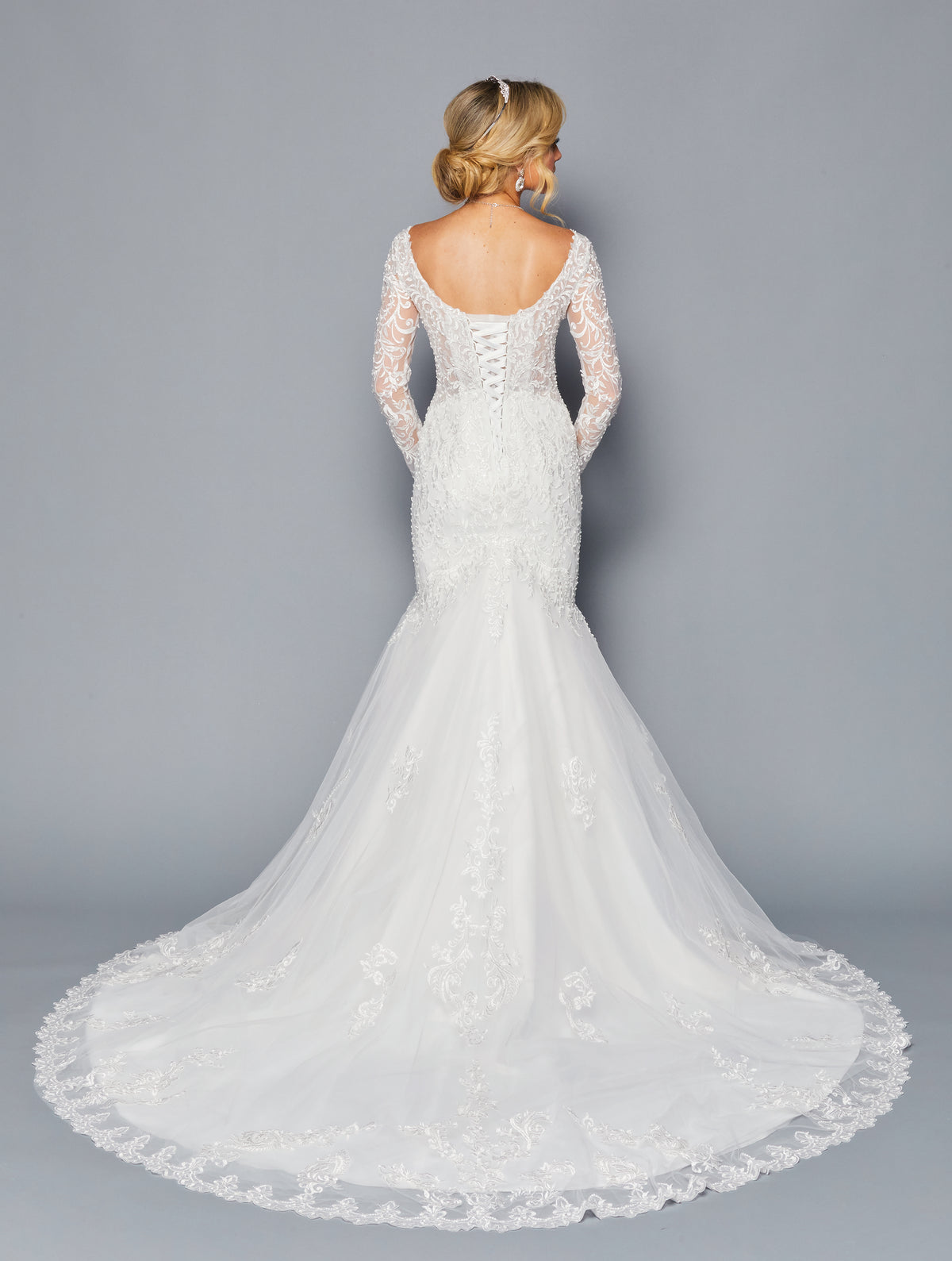 Long-Sleeve Illusion Boat Mermaid Gown by Bridal 45050