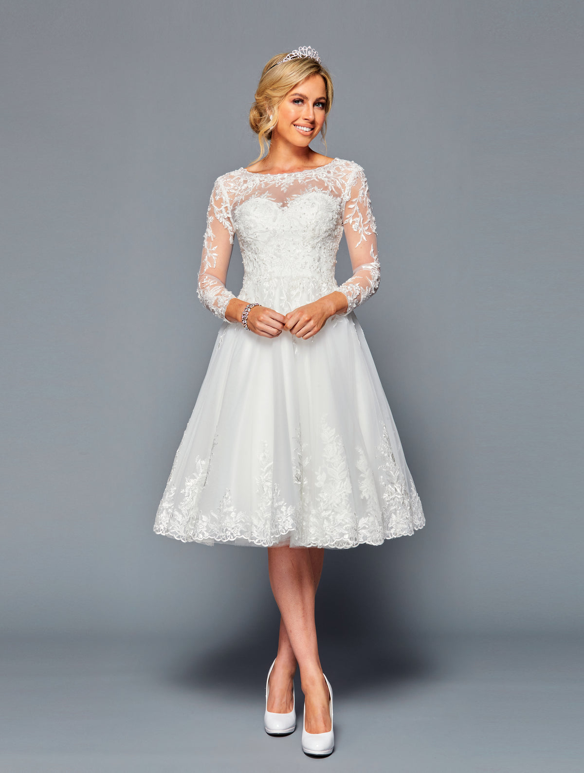 Long-Sleeve Illusion Boat Short A-Line Dress by Bridal 45187