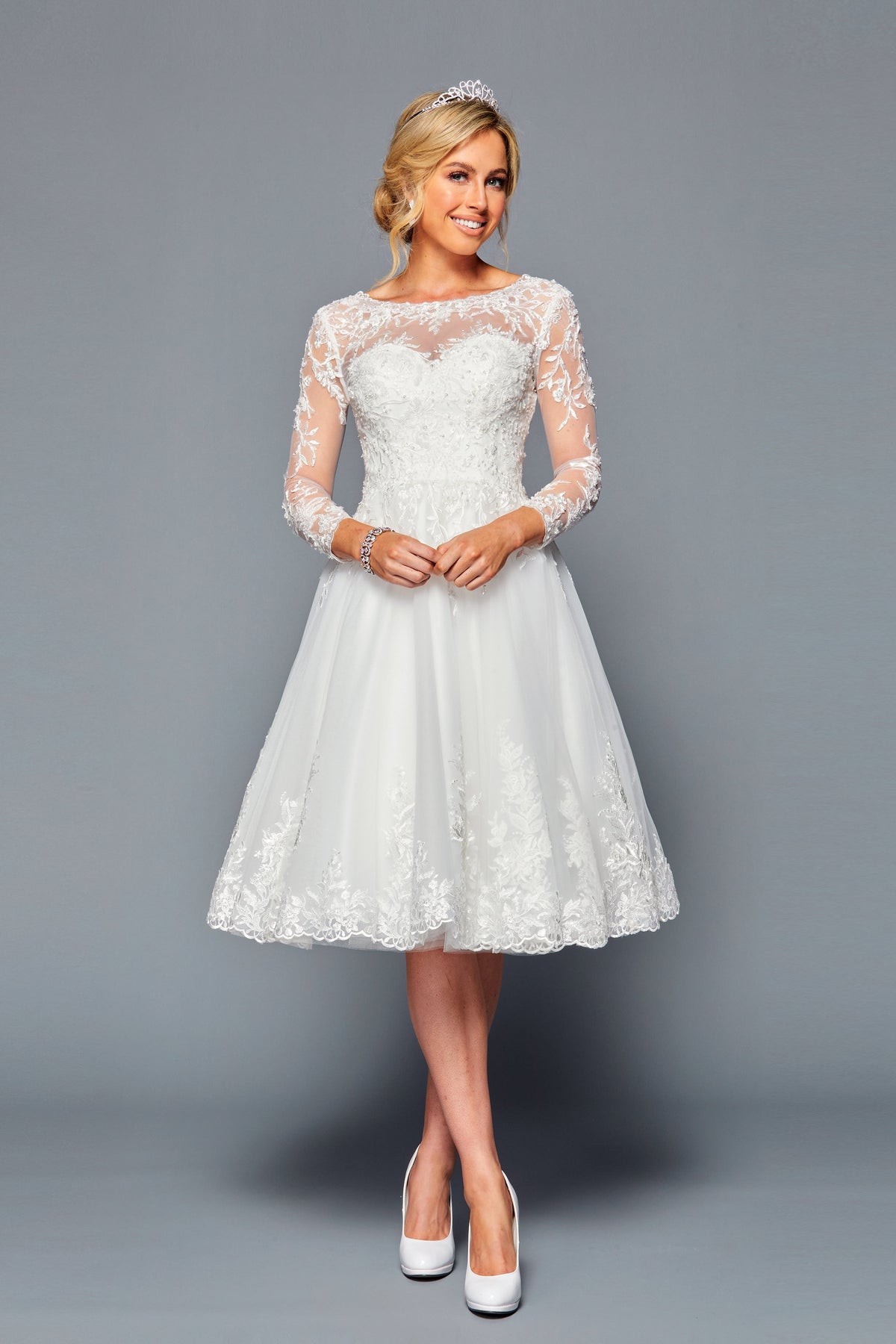 Long-Sleeve Illusion Boat Short A-Line Dress by Bridal 45187