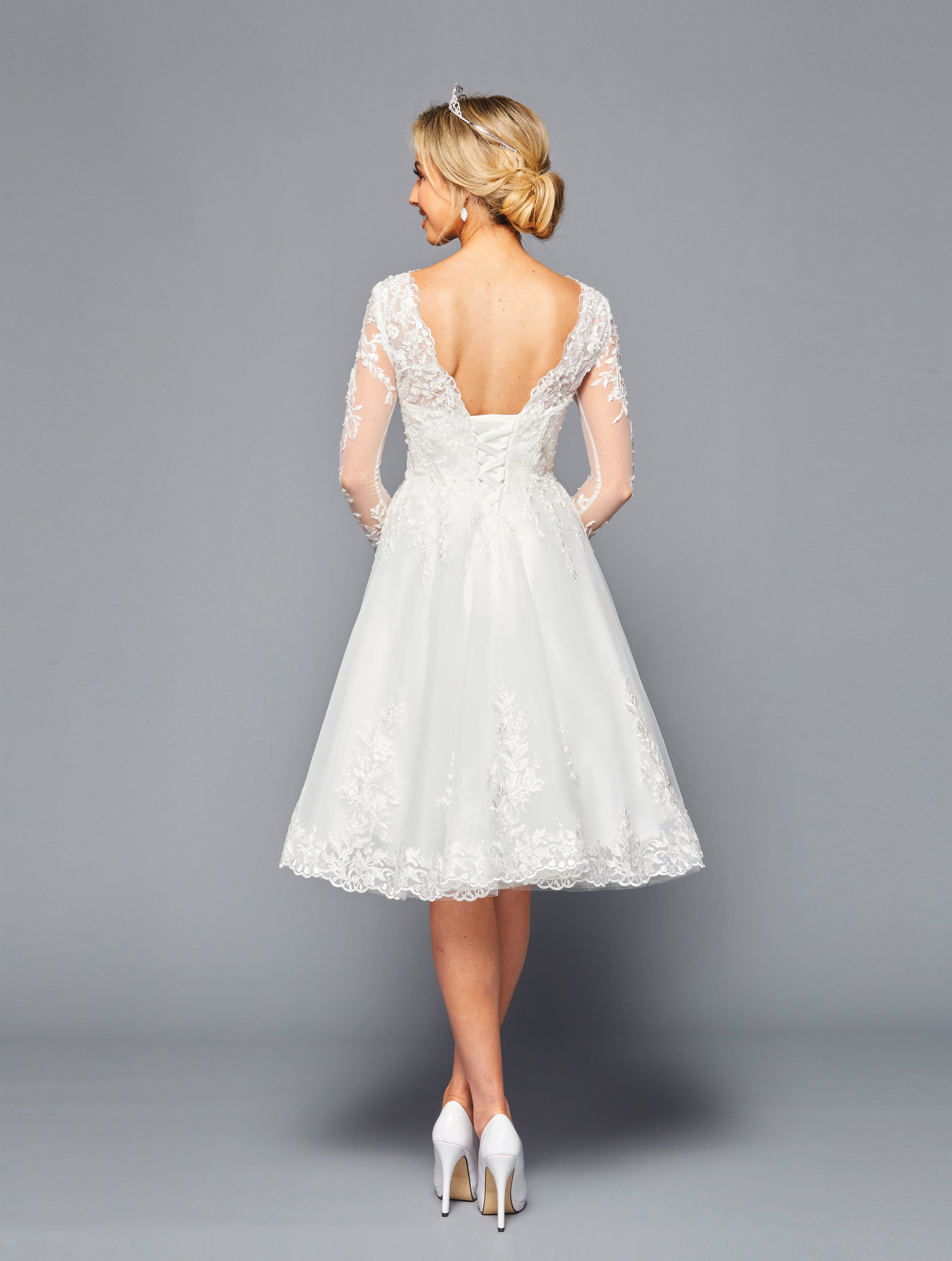 Long-Sleeve Illusion Boat Short A-Line Dress by Bridal 45187