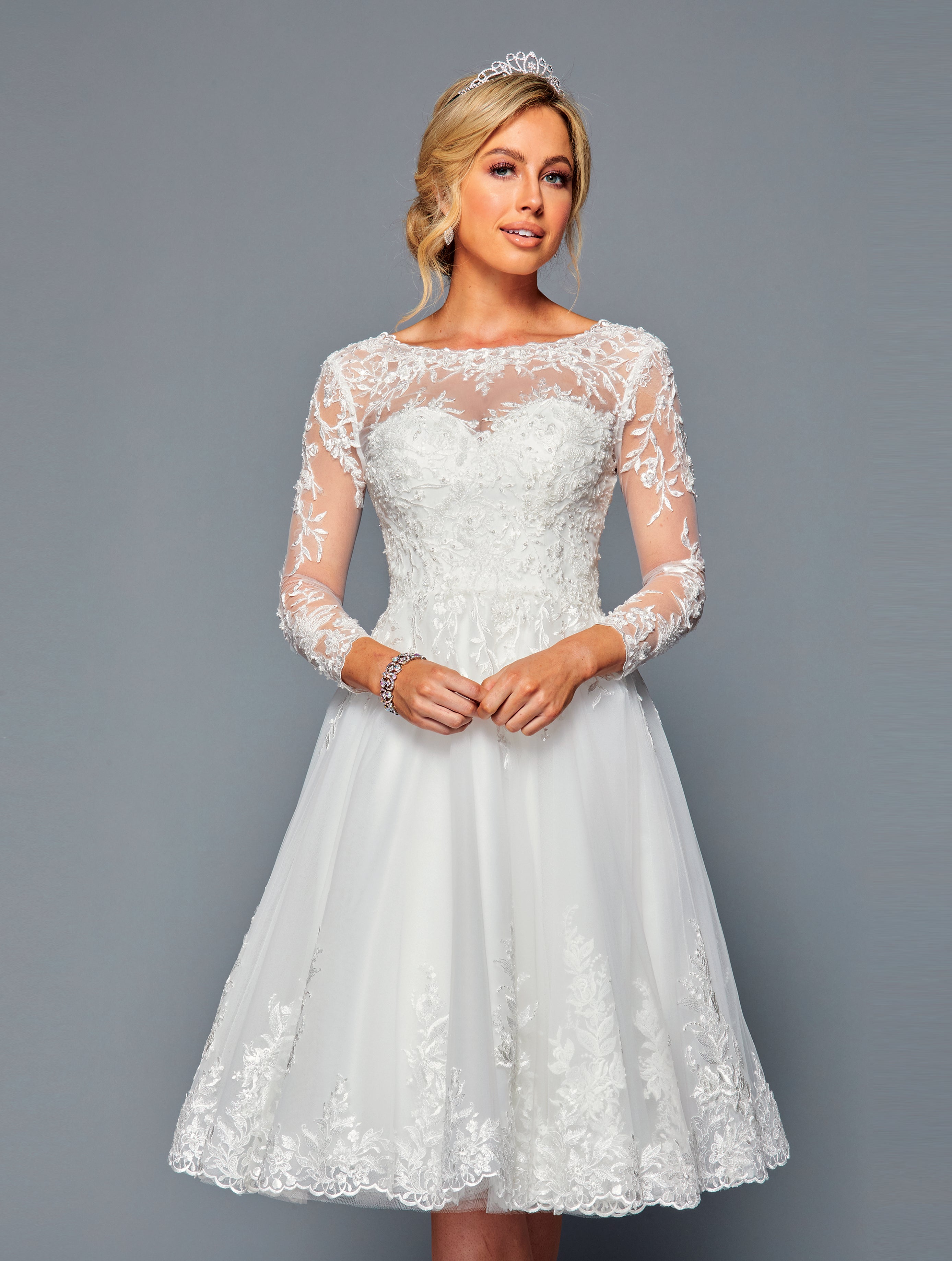 Long-Sleeve Illusion Boat Short A-Line Dress by Bridal 45187