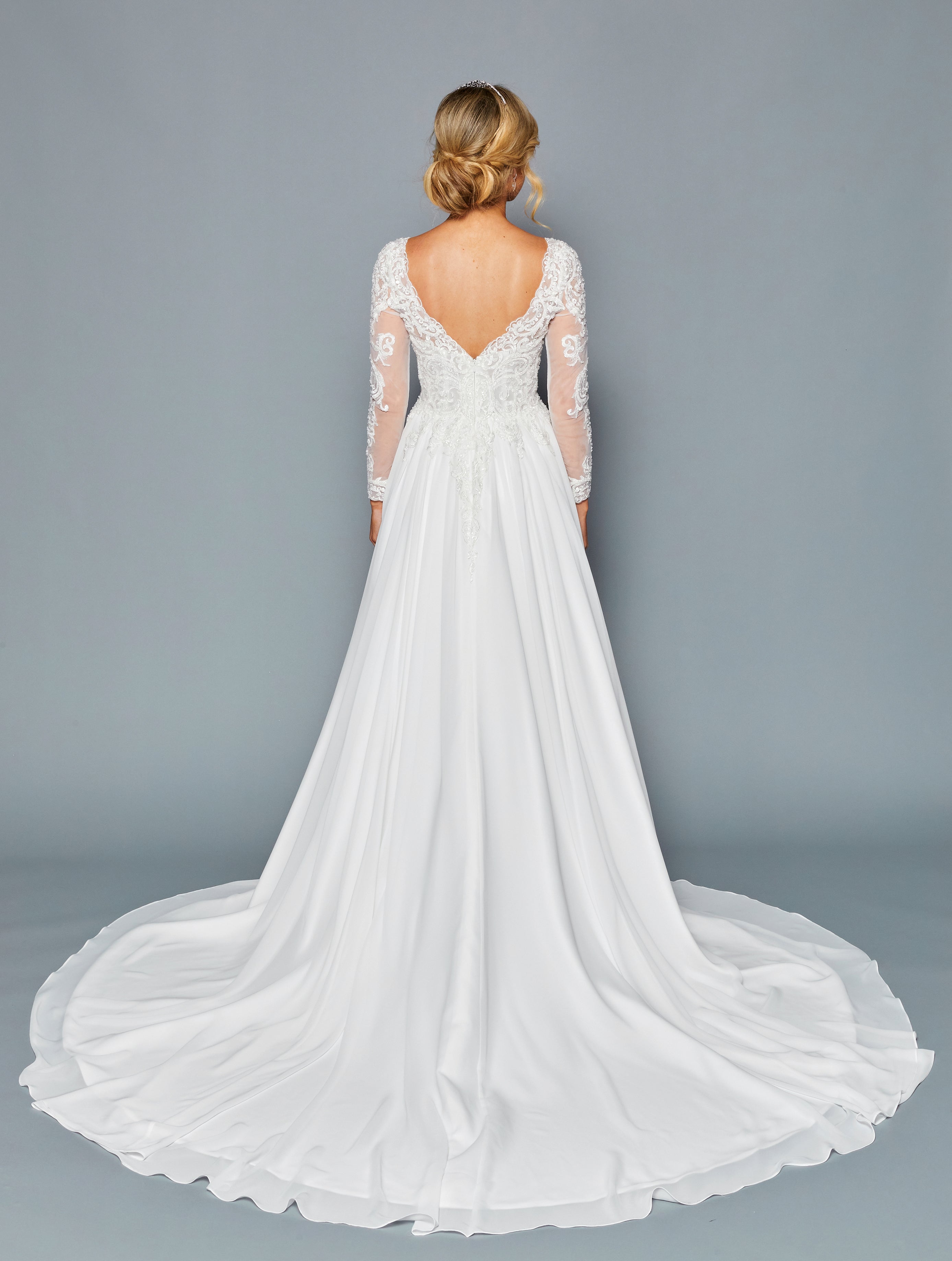Long-Sleeve Illusion Boat A-Line Dress by Bridal 45361