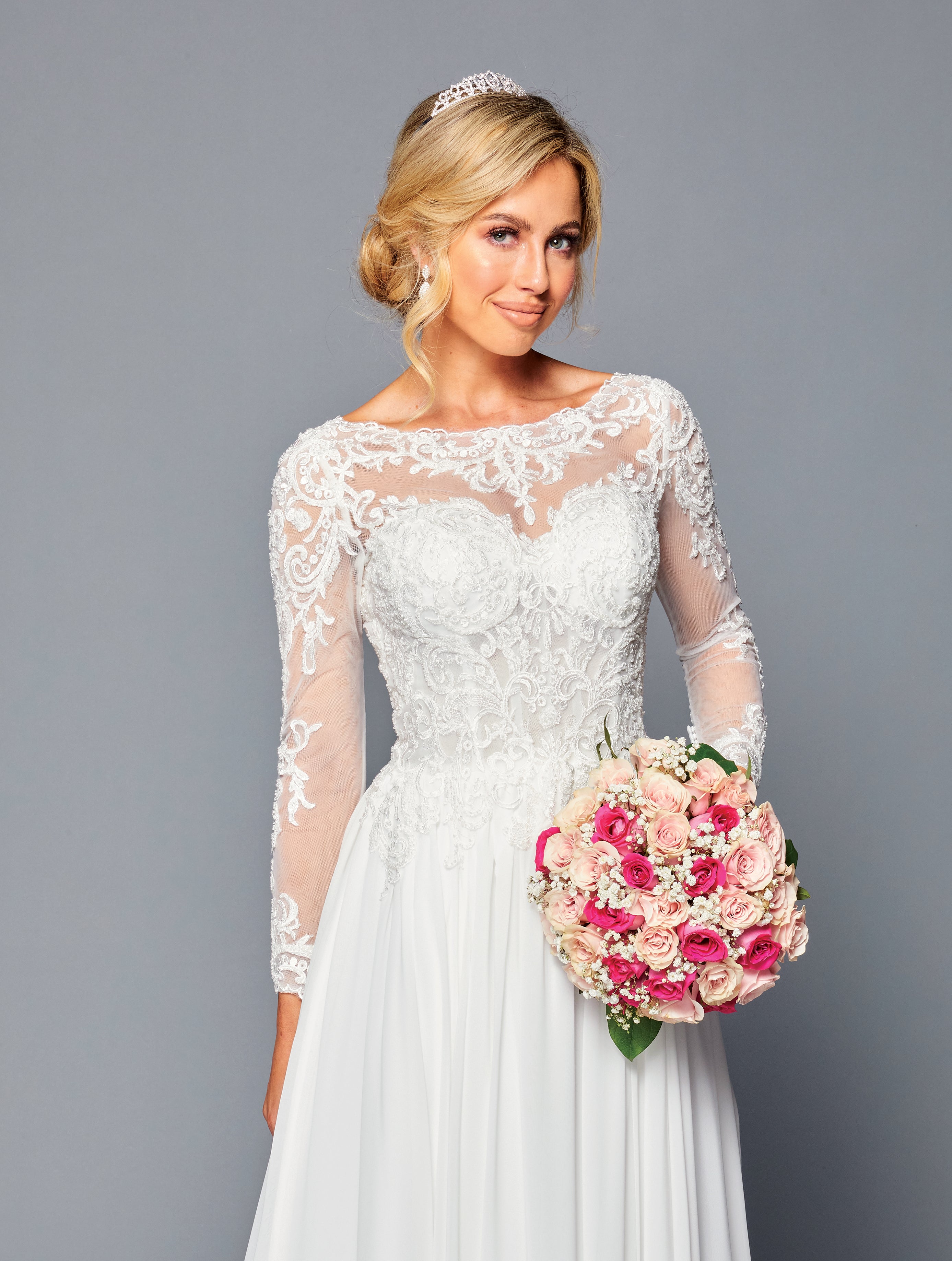 Long-Sleeve Illusion Boat A-Line Dress by Bridal 45361