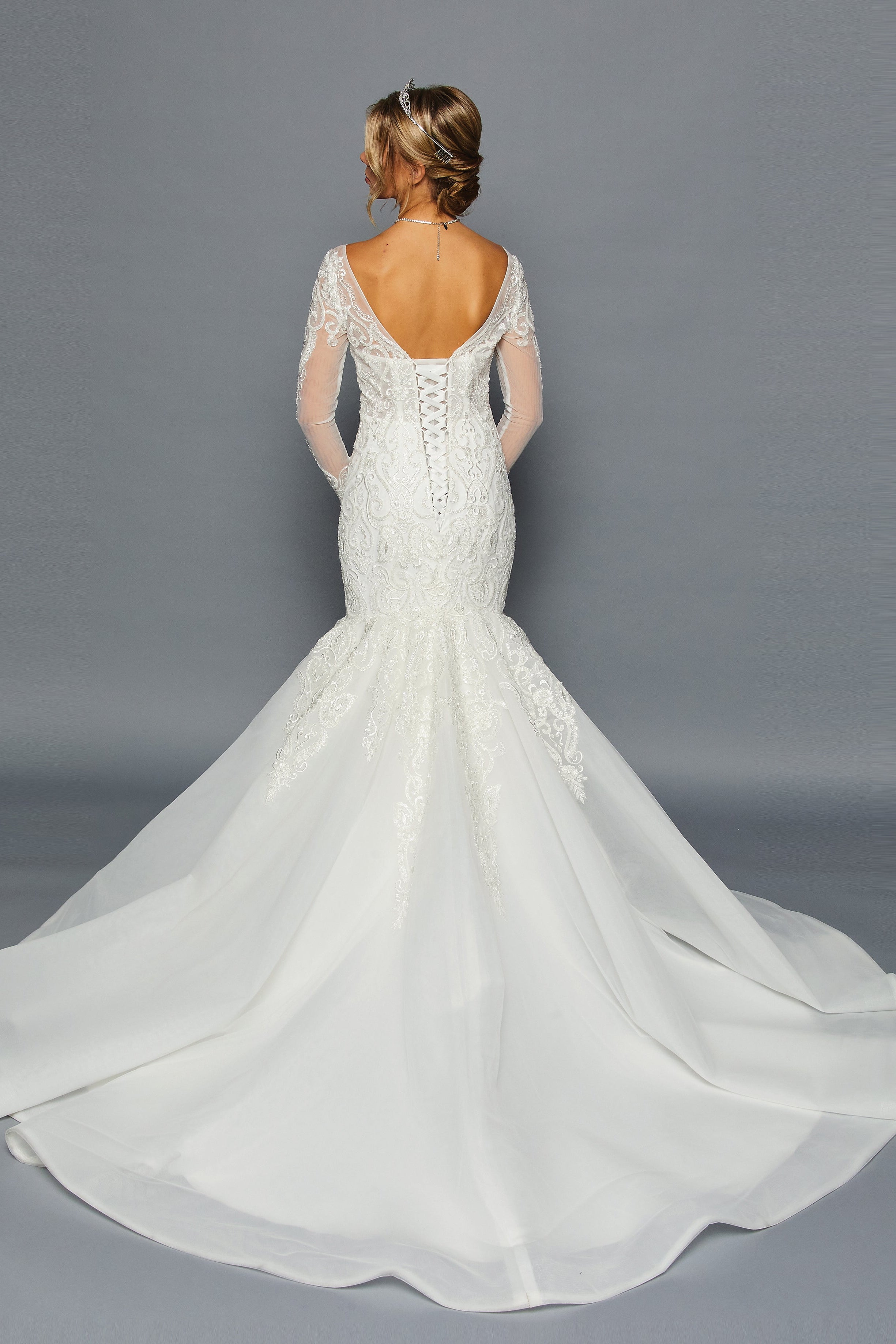 Long-Sleeve Boat Neck Mermaid Gown by Bridal 45983