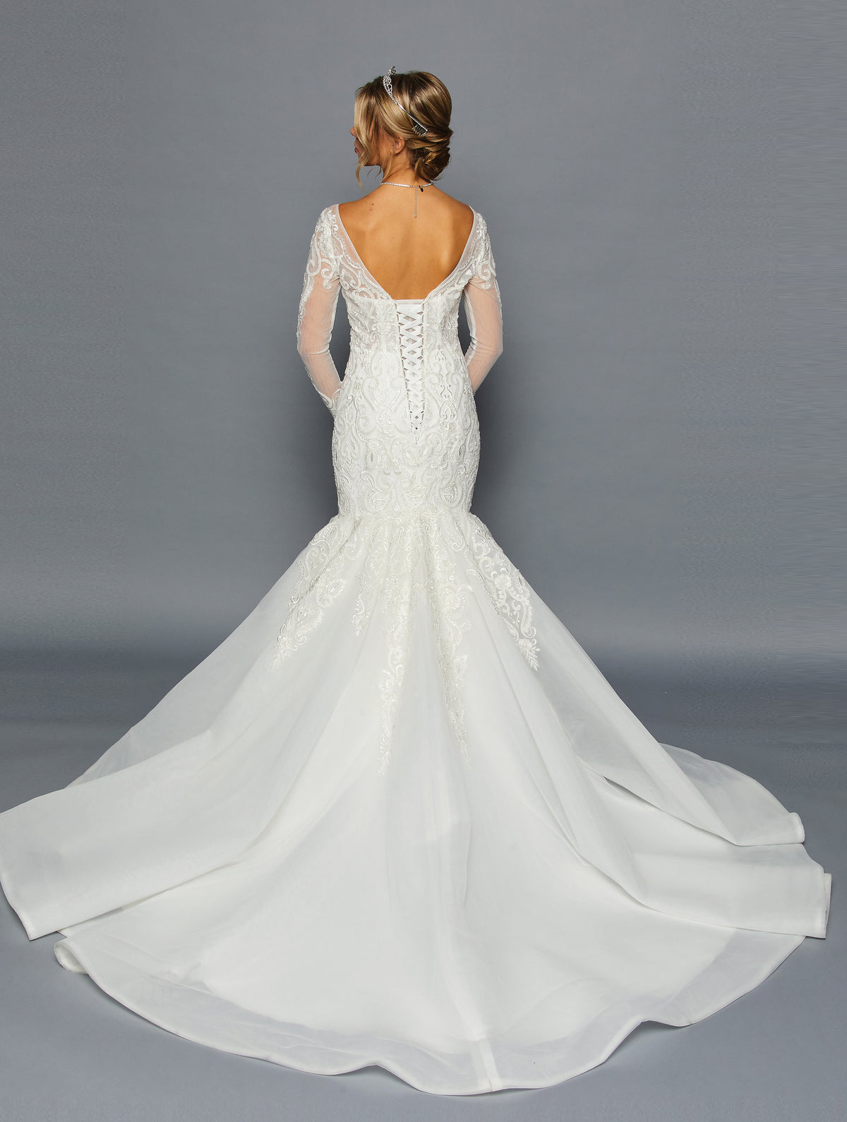 Long-Sleeve Boat Neck Mermaid Gown by Bridal 45983