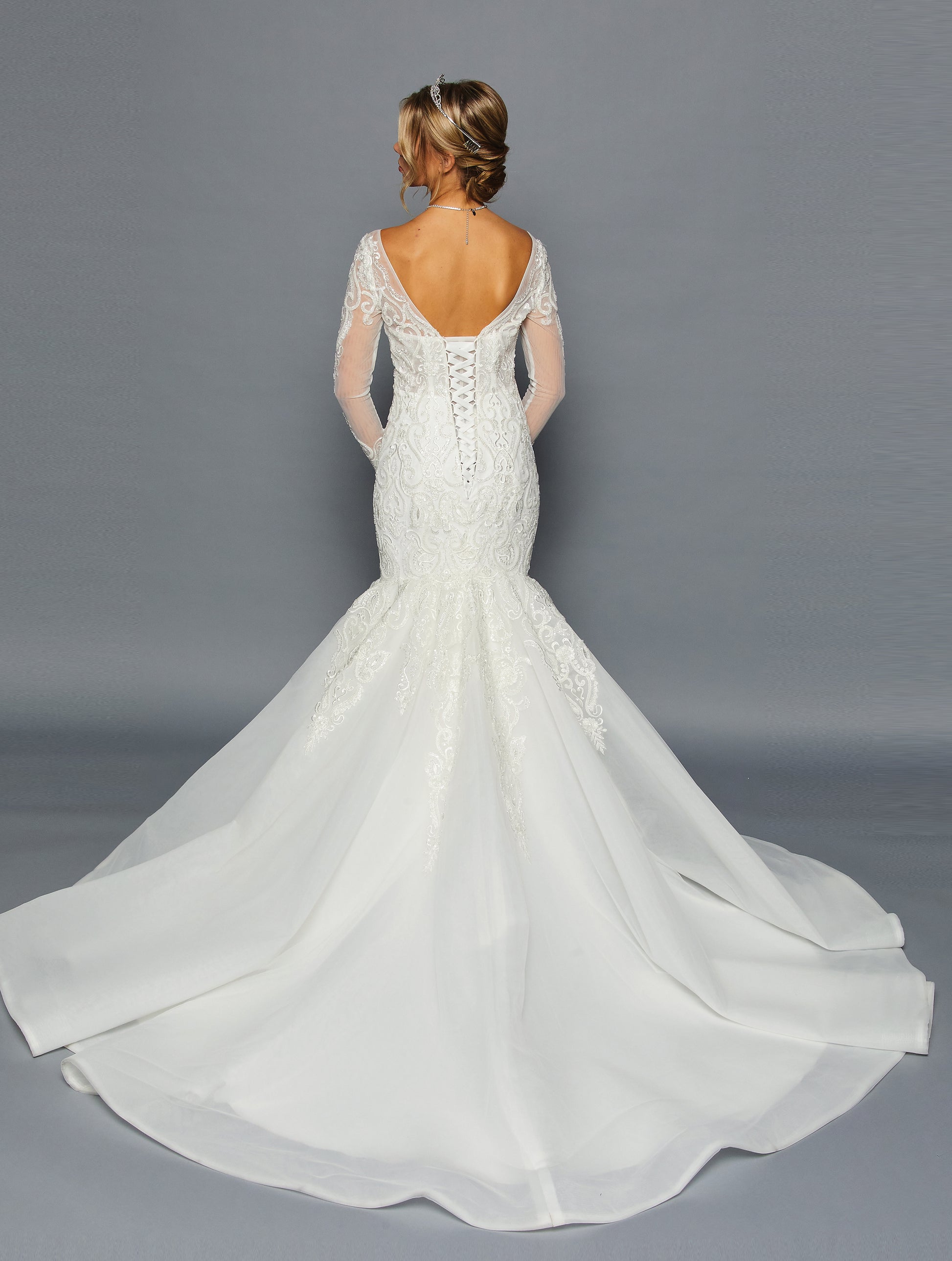 Long-Sleeve Boat Neck Mermaid Gown by Bridal 45983