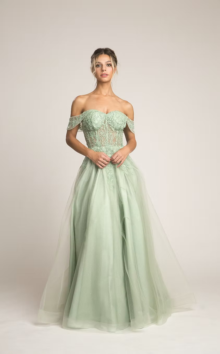 off-shoulder tulle gown by Joy Collection 10304