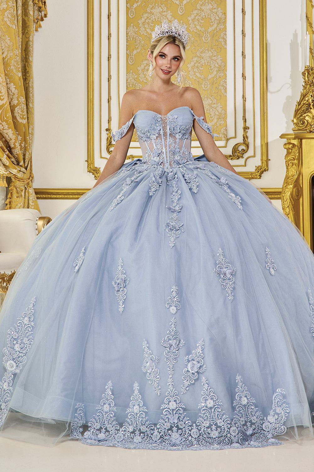 Off-Shoulder Floral Sleeve Quinceanera Ball Gown by Queen Collection 5000382