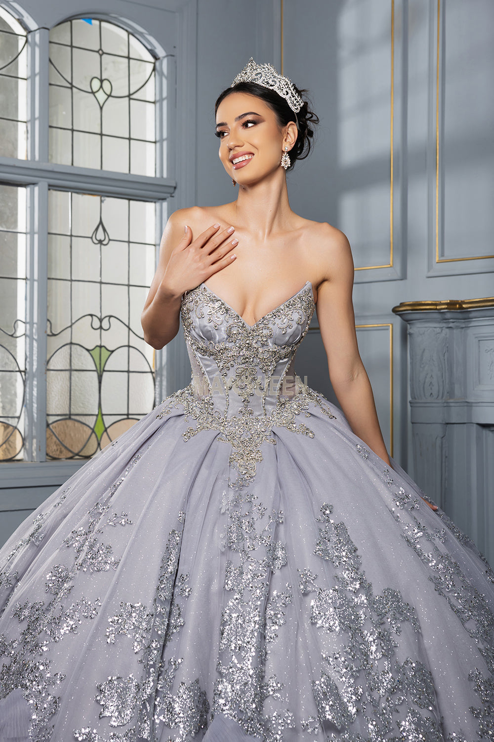 May Queen LK284 tea-length embroidered ruffle gown
